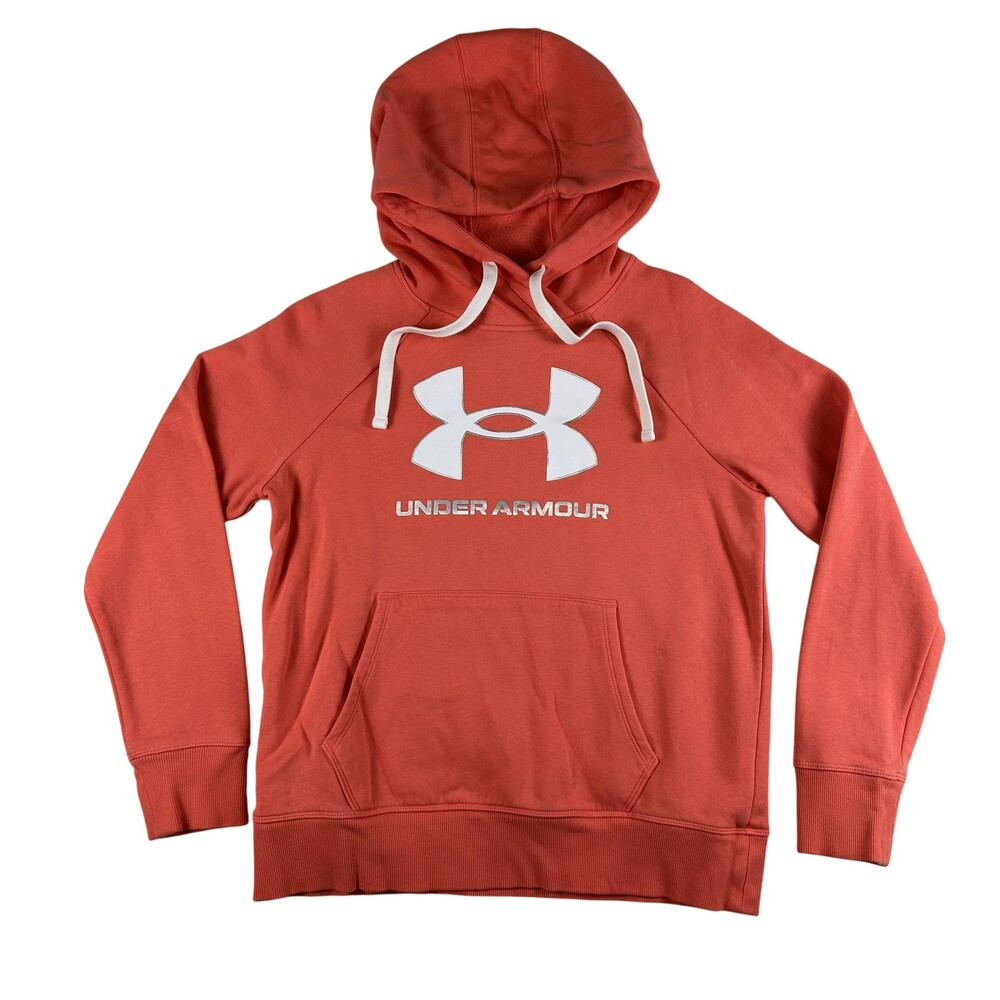 Under Armour Hoodie Sweatshirt Womens Small Orange Big Logo Fleece Pullover
